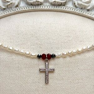 Cross Pendant Necklace white Pearls Red Beads fashion jewelry handmade religious